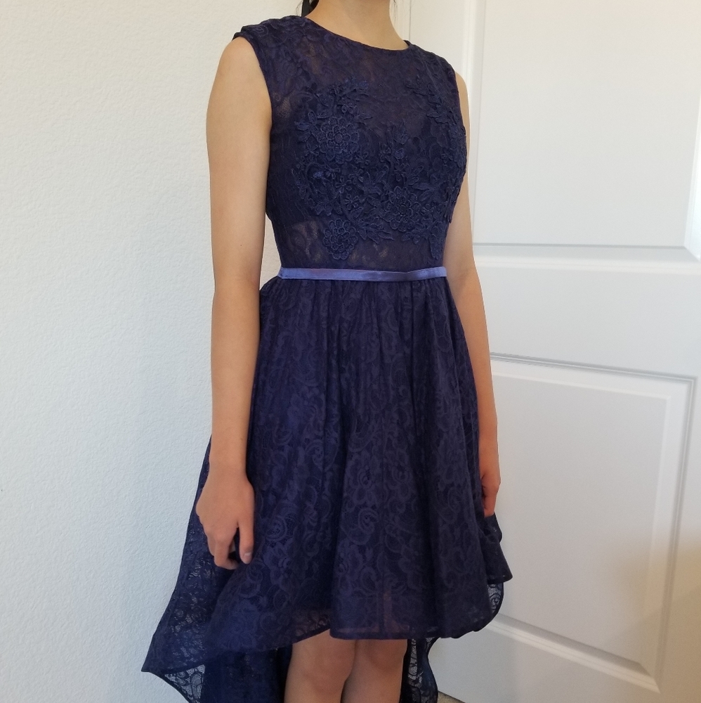 Navy Lace High Low Prom Dress